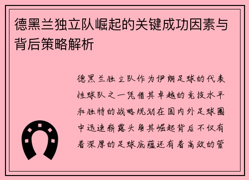 德黑兰独立队崛起的关键成功因素与背后策略解析