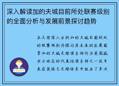 深入解读加的夫城目前所处联赛级别的全面分析与发展前景探讨趋势
