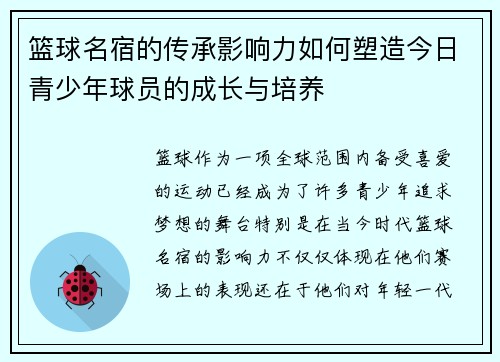 篮球名宿的传承影响力如何塑造今日青少年球员的成长与培养