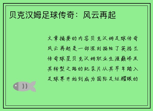 贝克汉姆足球传奇:风云再起 贝克汉姆足球传奇:风云再起