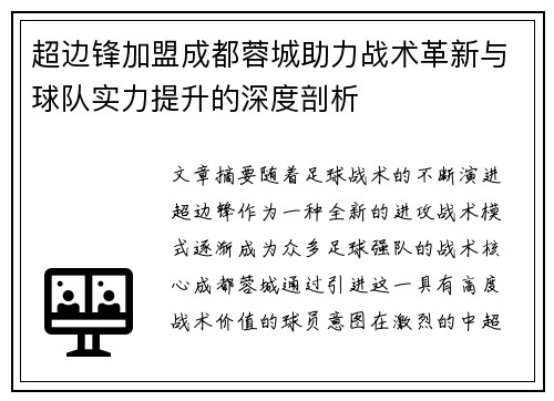 超边锋加盟成都蓉城助力战术革新与球队实力提升的深度剖析
